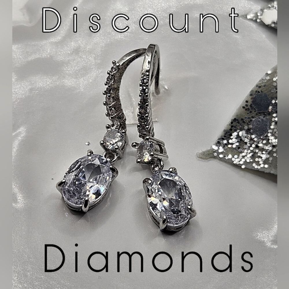 Oval Cut Clear / White Diamond Earrings with Baguette Diamonds 925 Silver